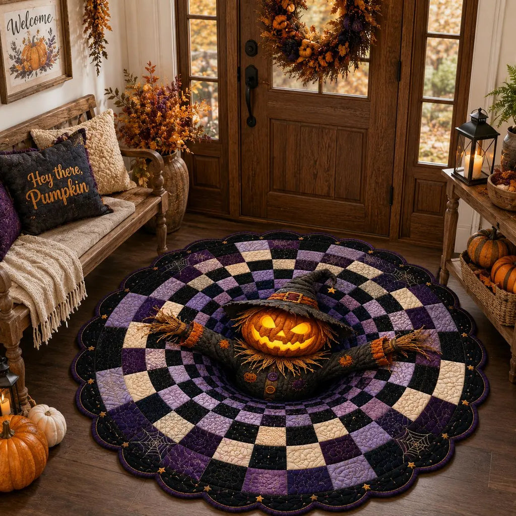 3D Pumpkin Scarecrow Halloween Rug, Round Spooky Area Rug, Purple Black Optical Illusion Floor Mat, Haunted House Decor