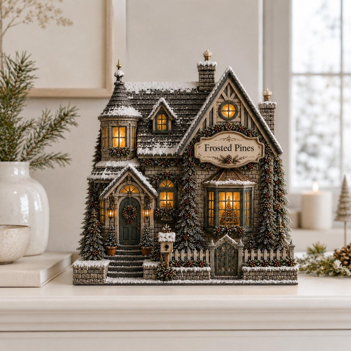Custom Christmas House 2D FLAT Wooden Block Decor, Personalized Family Christmas Village Sign, Winter Cottage Shelf Decor, Holiday Gift
