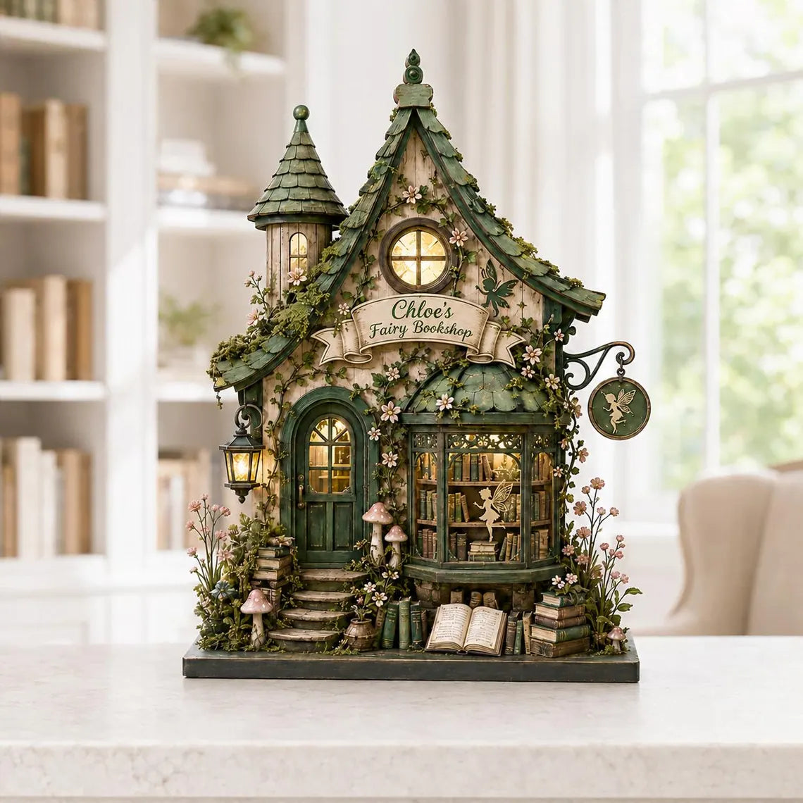 2D Print Personalized Fairy Bookshop Wooden Block, Enchanted Library Decor, Cottagecore Reader Gift, Custom Book Lover Shelf Sign