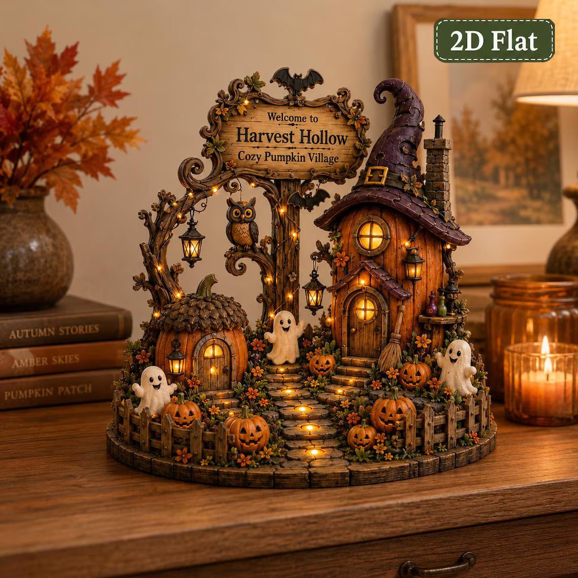 2D Print Custom Witchwood Cottage Wooden Decor, Personalized Halloween Pumpkin Village, Cozy Spooky Shelf Gift