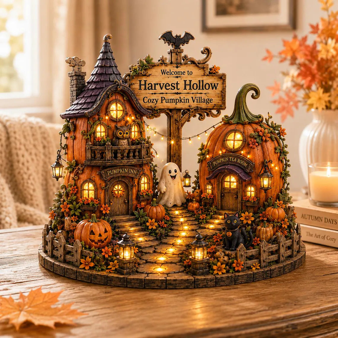 2D Print Custom Witchwood Cottage Wooden Decor, Personalized Halloween Pumpkin Village, Cozy Spooky Shelf Gift
