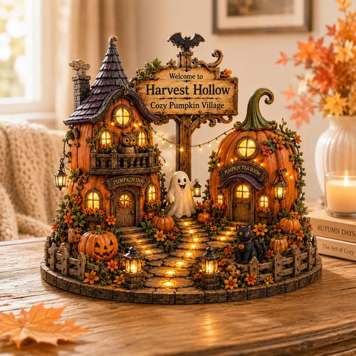 2D Print Custom Witchwood Cottage Wooden Decor, Personalized Halloween Pumpkin Village, Cozy Spooky Shelf Gift