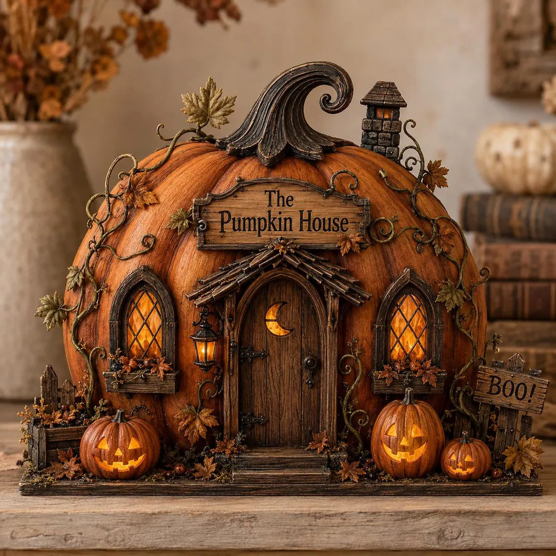 2D Print Pumpkin House Wooden Block, Layered Halloween Mantel and Shelf Decor