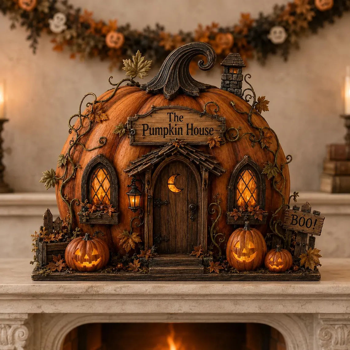 2D Print Pumpkin House Wooden Block, Layered Halloween Mantel and Shelf Decor