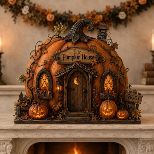 2D Print Pumpkin House Wooden Block, Layered Halloween Mantel and Shelf Decor