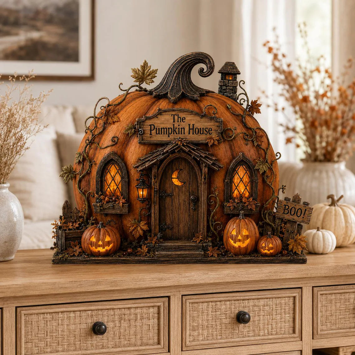 Pumpkin House Wooden Block, Layered Halloween Mantel and Shelf Decor