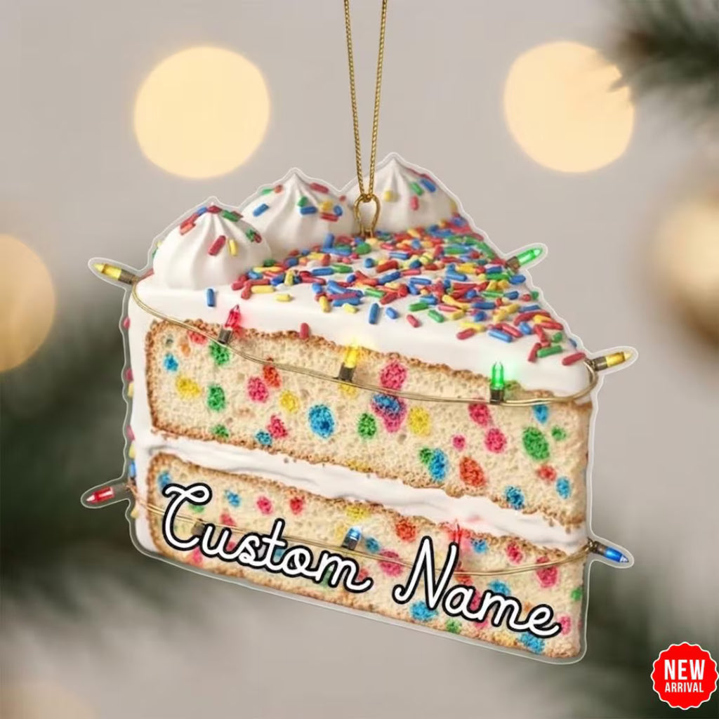 2D Flat Personalized Birthday Cake Slice Ornament: Custom Name Christmas Keepsake