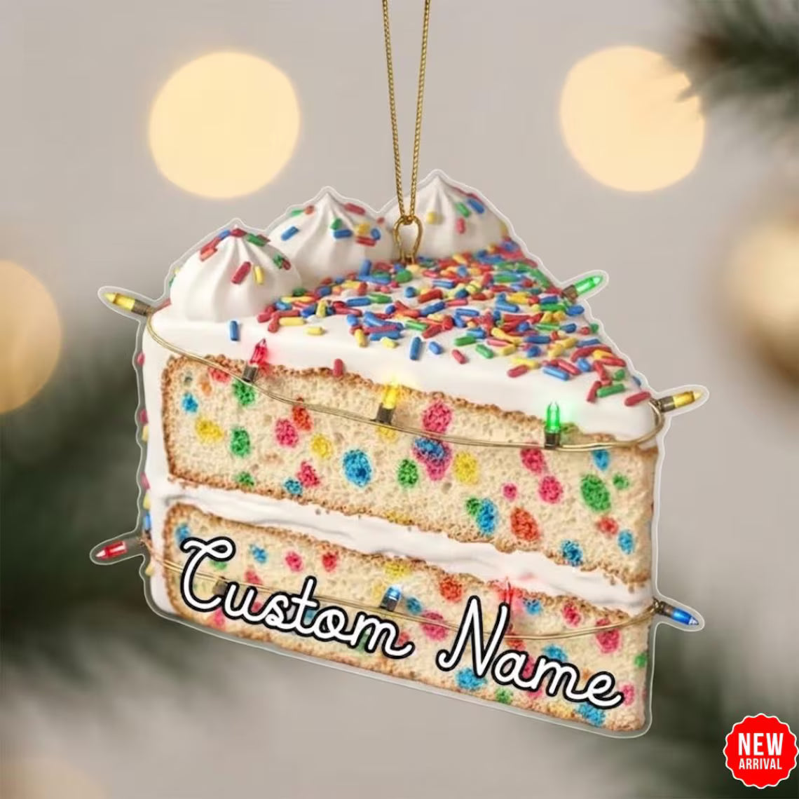 2D Flat Personalized Birthday Cake Slice Ornament: Custom Name Christmas Keepsake