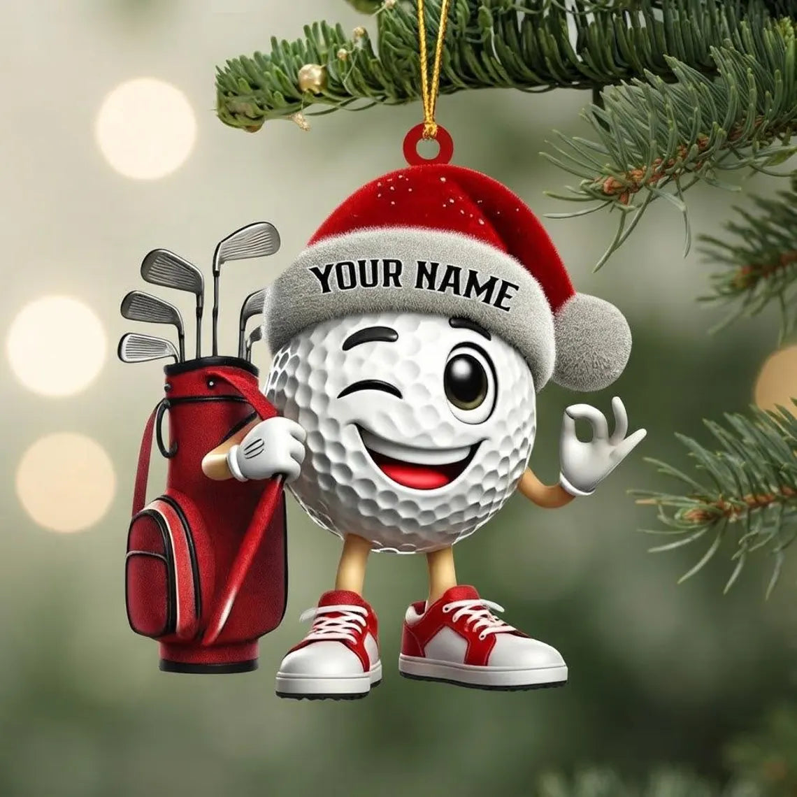 2D Flat Personalized Winking Golf Ball Christmas Ornament, Custom Golfer Name Keepsake, Sports Decor