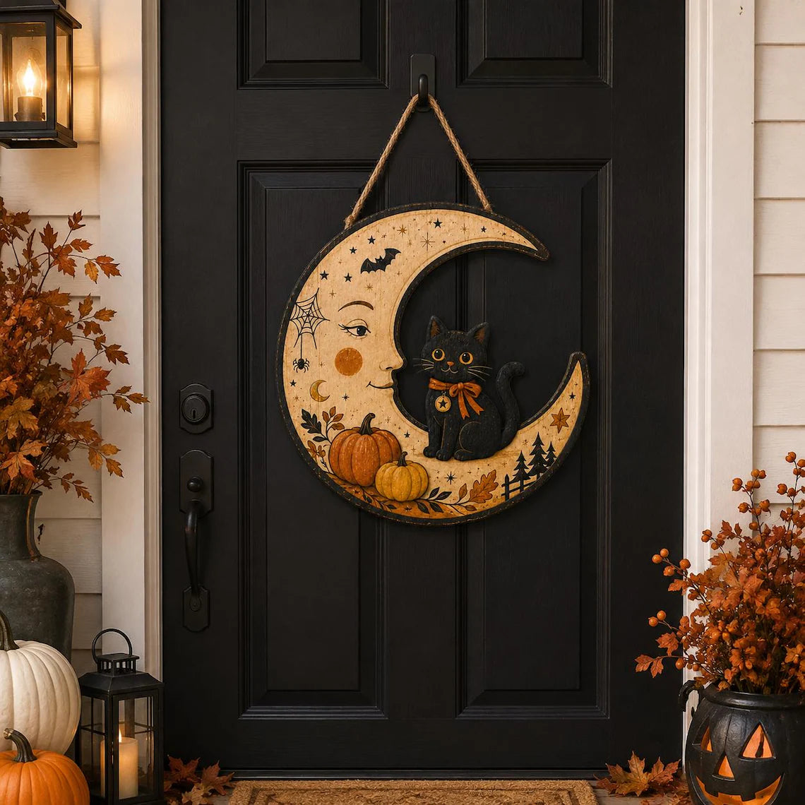 Halloween Black Cat Door Hanger, Crescent Moon Pumpkin Sign, Vintage Fall Front Door Decor, Gothic Cat Lover Gift, Autumn Porch