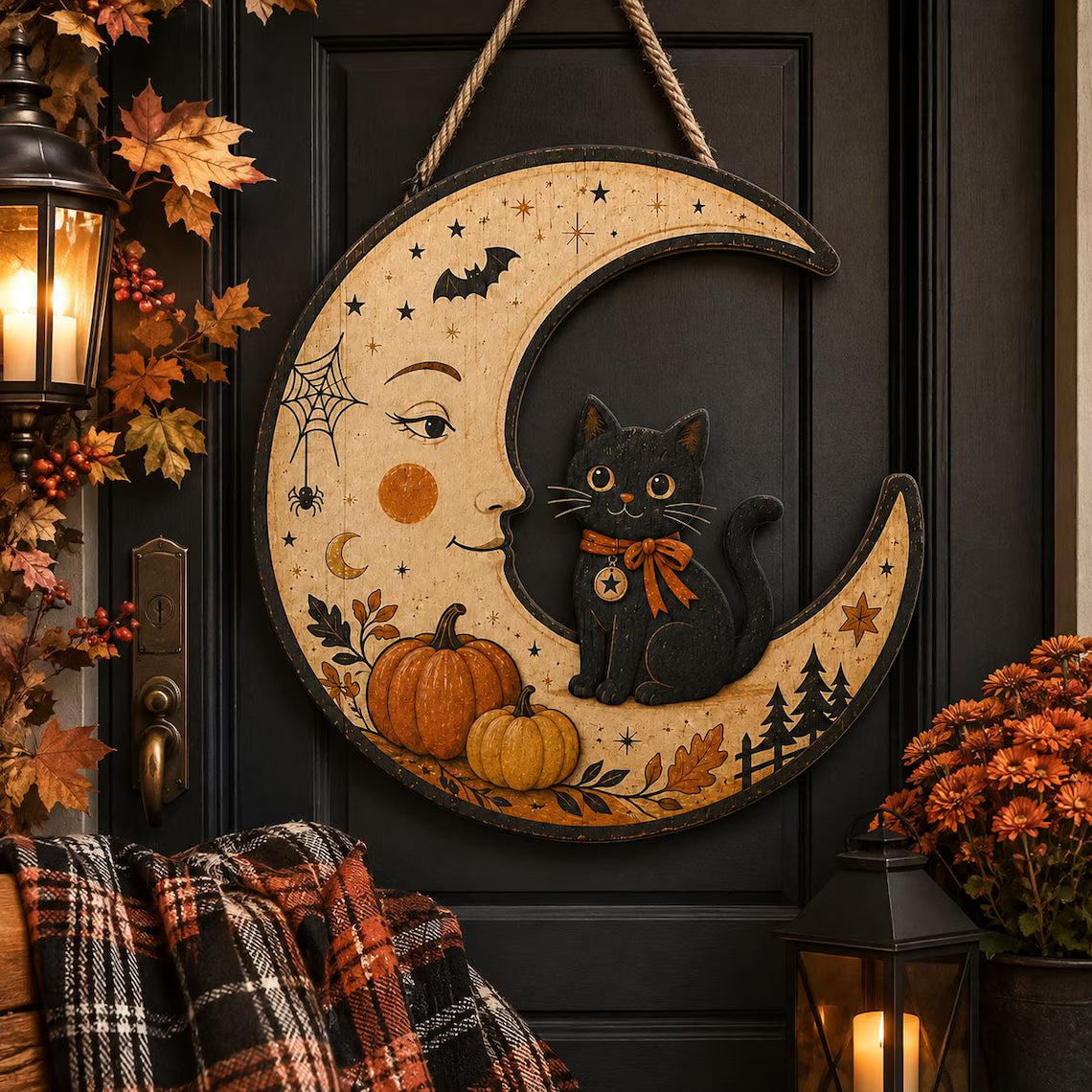 Halloween Black Cat Door Hanger, Crescent Moon Pumpkin Sign, Vintage Fall Front Door Decor, Gothic Cat Lover Gift, Autumn Porch