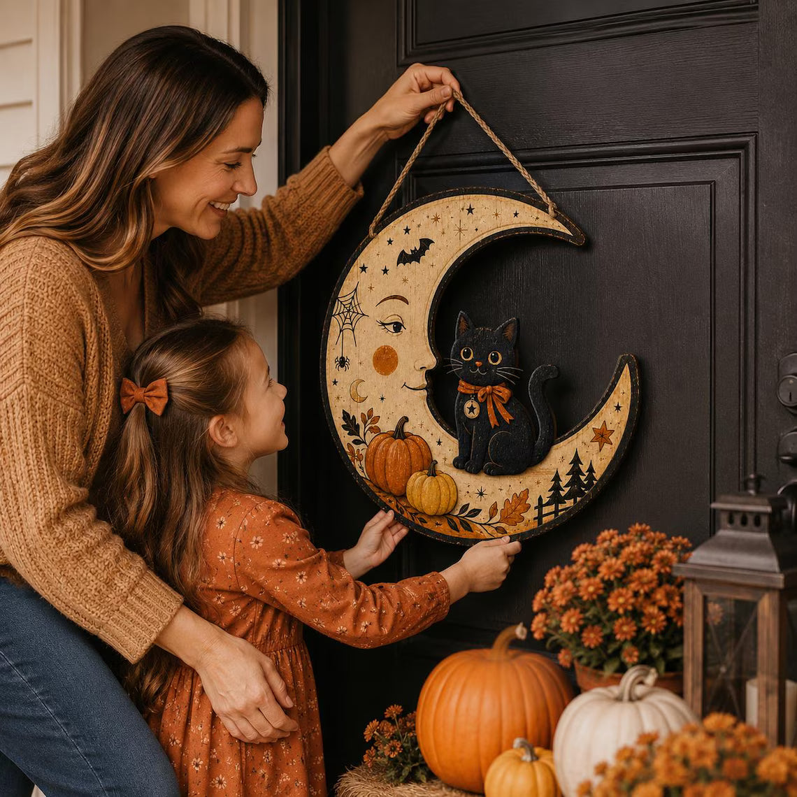 Halloween Black Cat Door Hanger, Crescent Moon Pumpkin Sign, Vintage Fall Front Door Decor, Gothic Cat Lover Gift, Autumn Porch