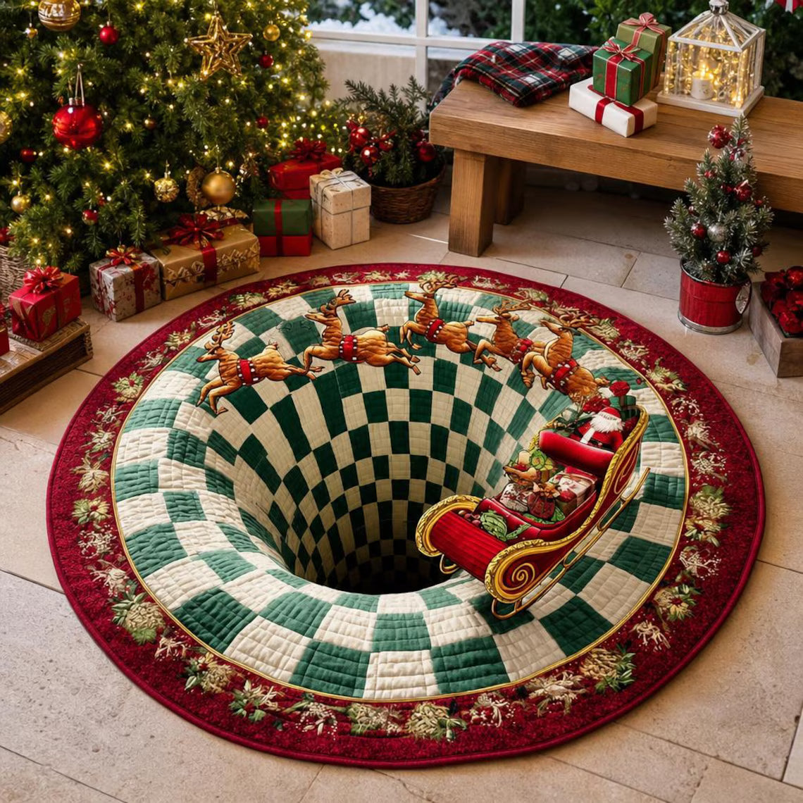 Christmas Santa Sleigh Vortex 3D Round Rug, Reindeer Checkered Optical Illusion Floor Mat, Non Slip Xmas Home Decor, Christmas Gift