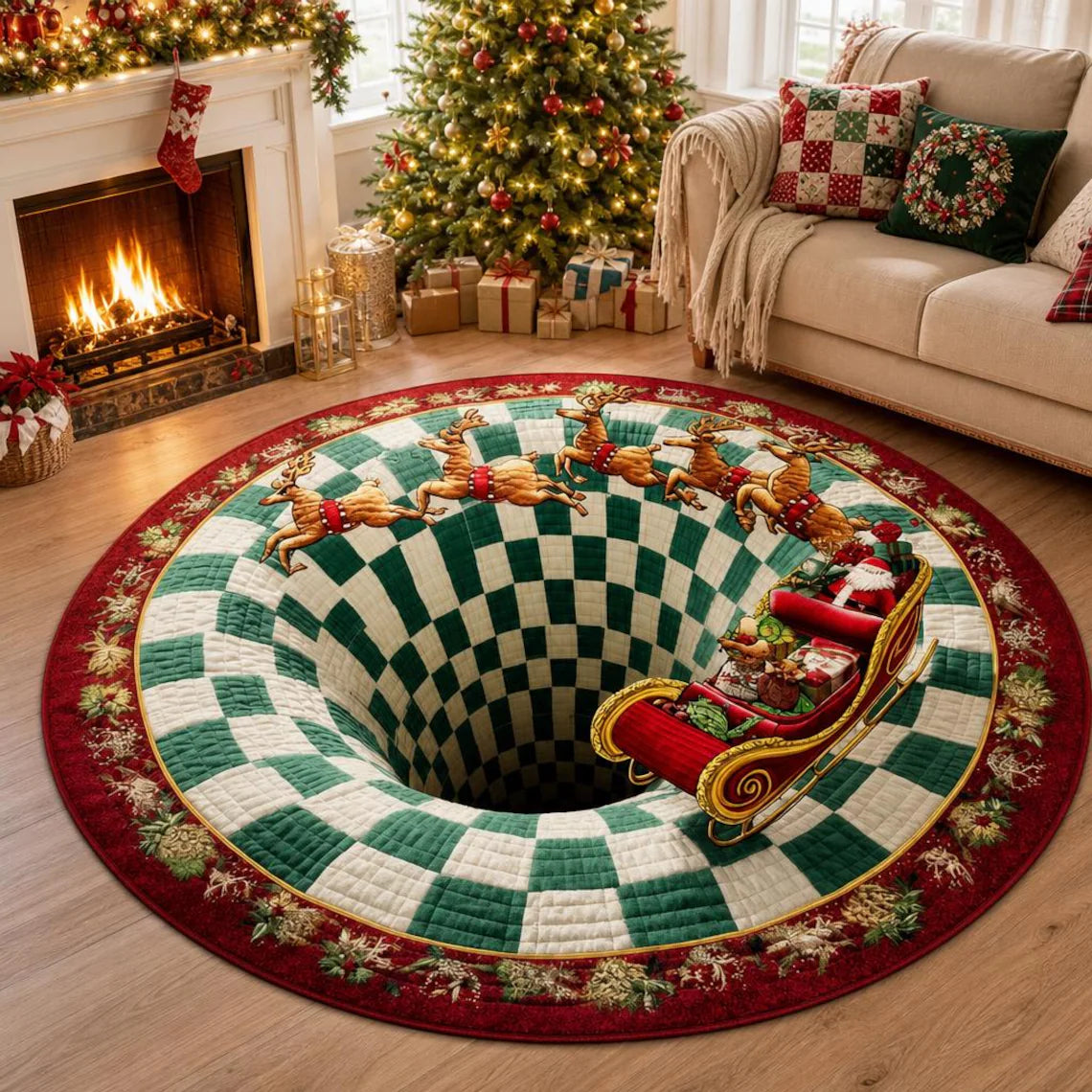 Christmas Santa Sleigh Vortex 3D Round Rug, Reindeer Checkered Optical Illusion Floor Mat, Non Slip Xmas Home Decor, Christmas Gift