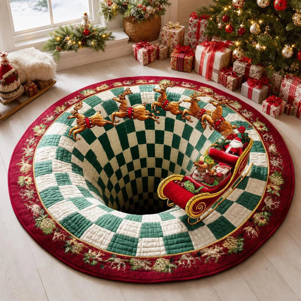 Christmas Santa Sleigh Vortex 3D Round Rug, Reindeer Checkered Optical Illusion Floor Mat, Non Slip Xmas Home Decor, Christmas Gift