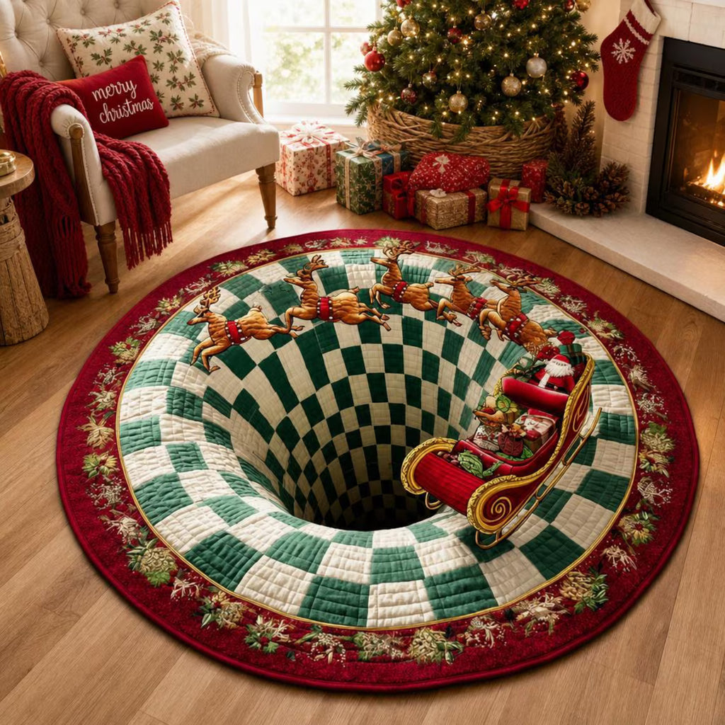 Christmas Santa Sleigh Vortex 3D Round Rug, Reindeer Checkered Optical Illusion Floor Mat, Non Slip Xmas Home Decor, Christmas Gift
