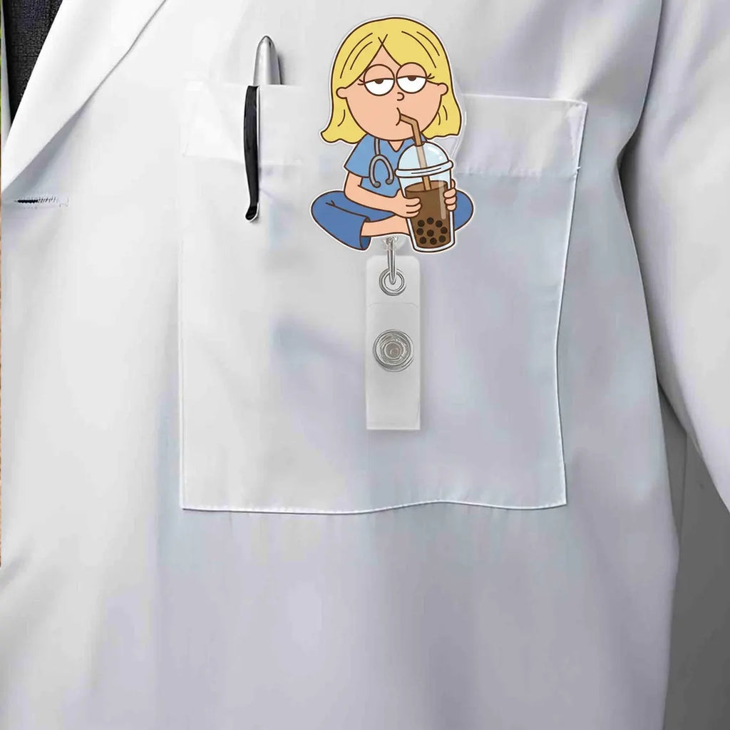 Lizzie Nurse Drinking Iced Coffee Badge Reel, Lizzie Nurse Badge Reel