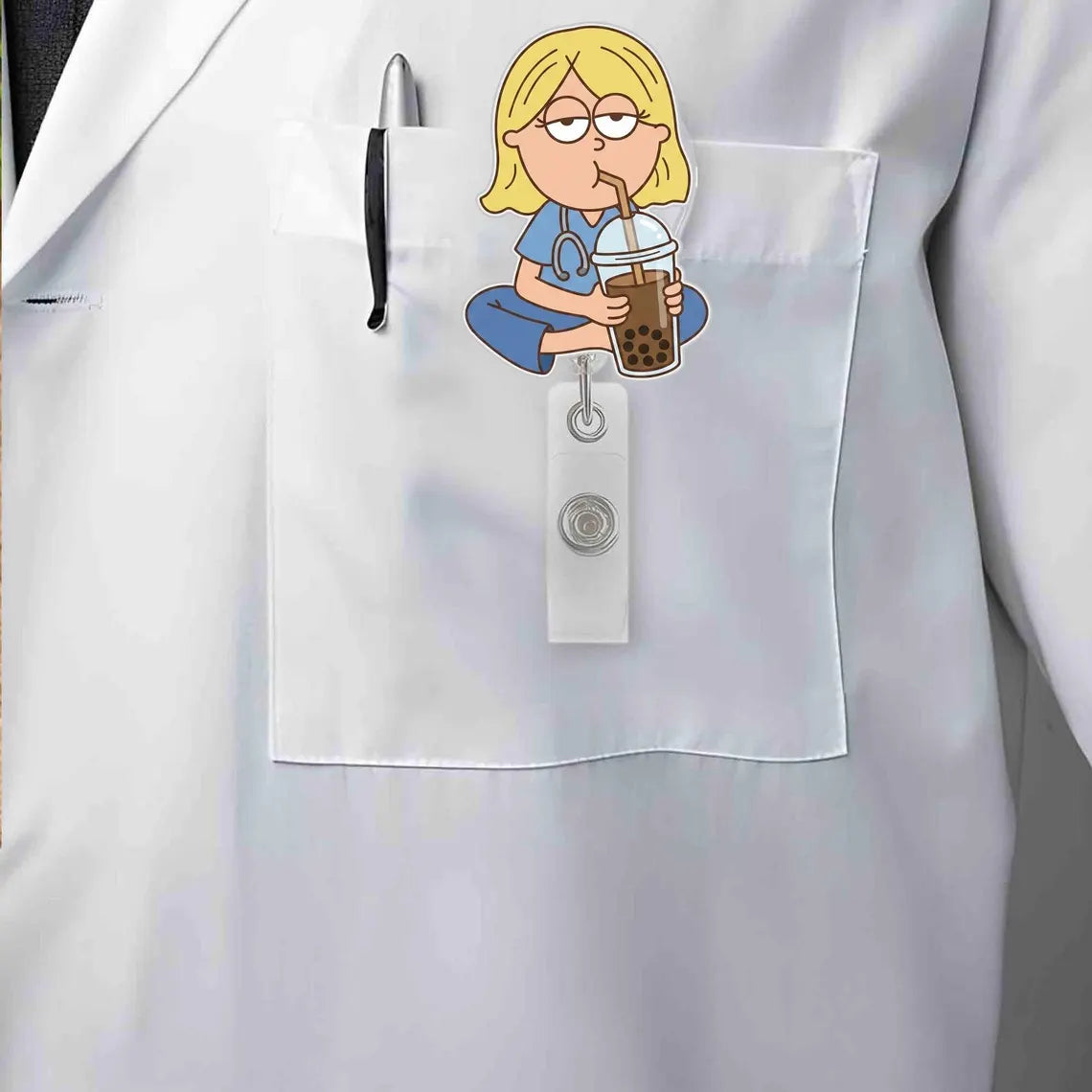 Lizzie Nurse Drinking Iced Coffee Badge Reel, Lizzie Nurse Badge Reel