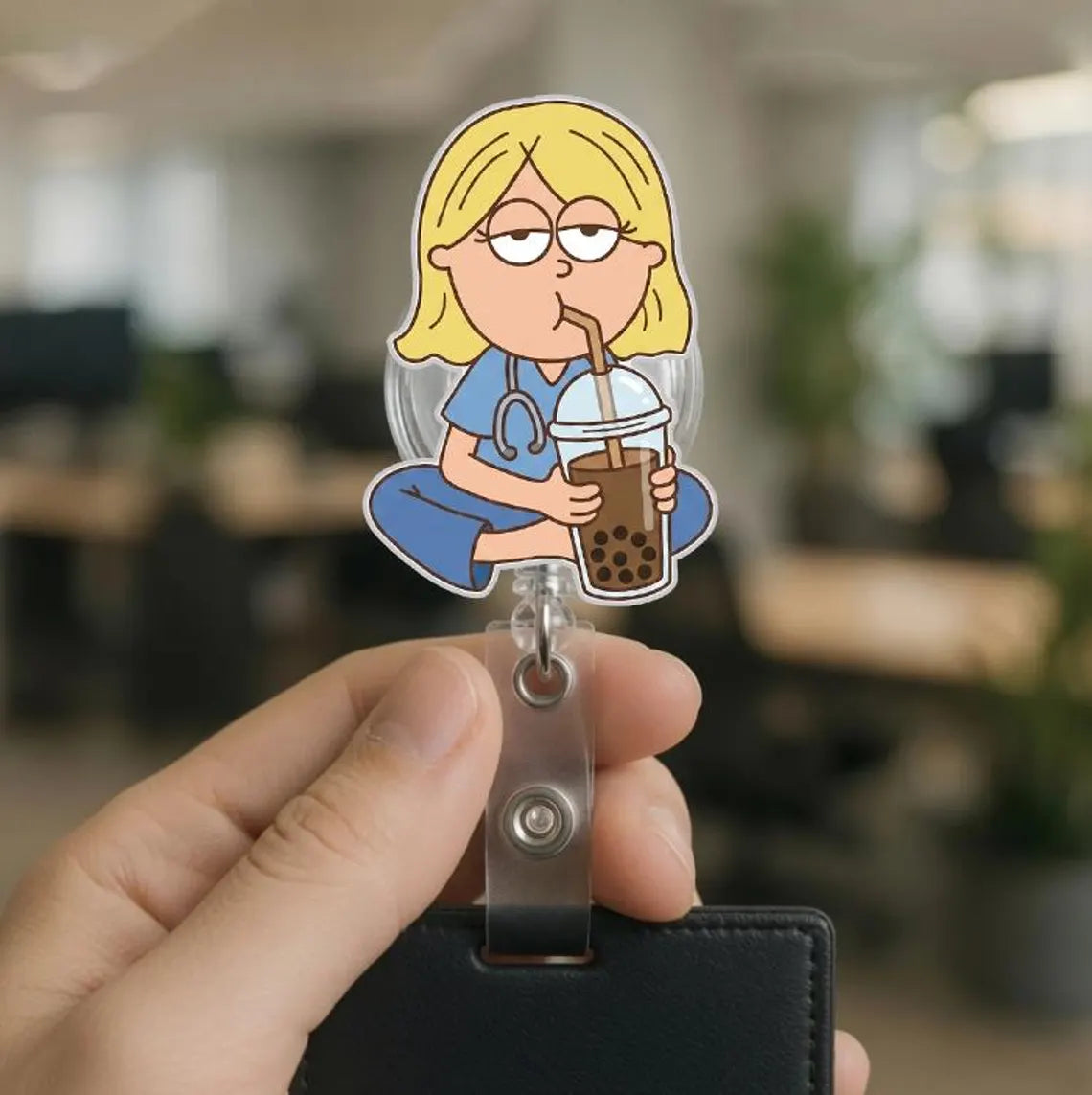 Lizzie Nurse Drinking Iced Coffee Badge Reel, Lizzie Nurse Badge Reel
