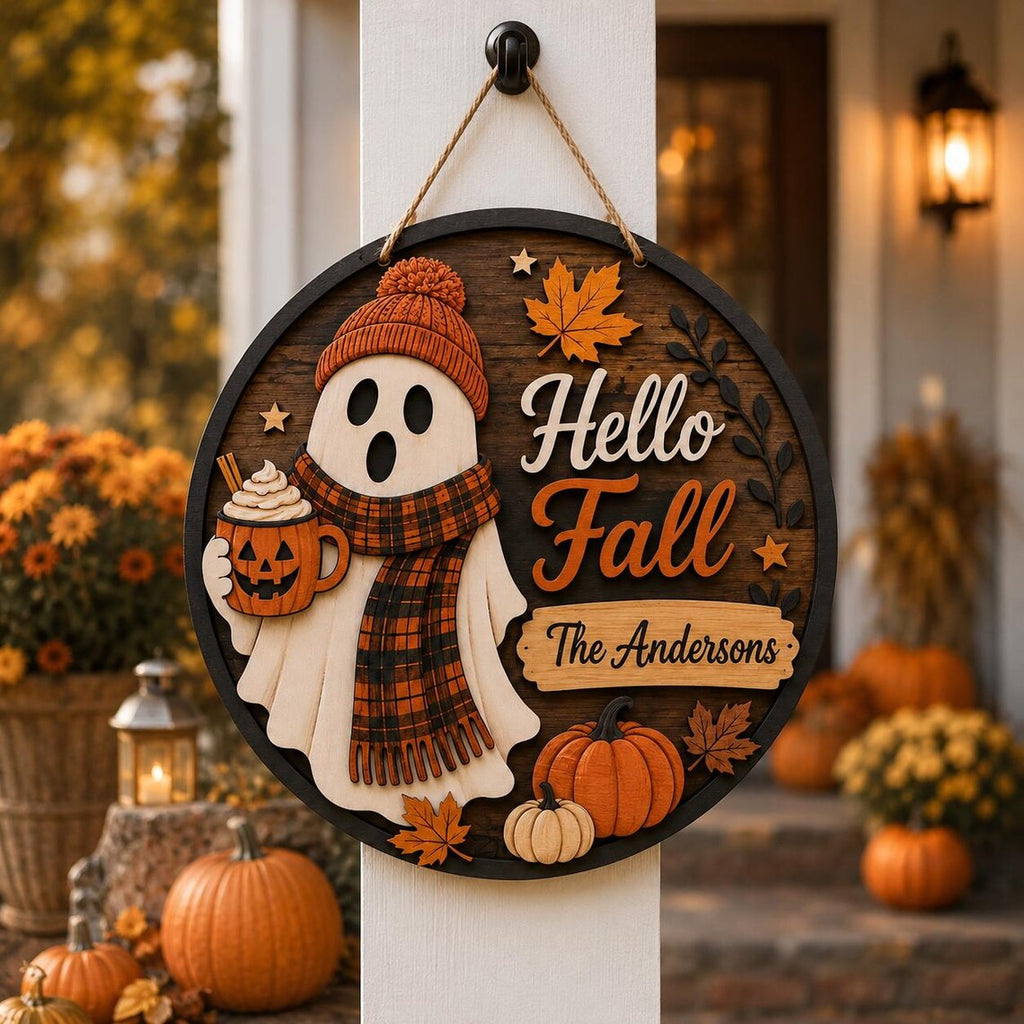 Personalized Hello Fall Ghost Door Hanger Custom Family Name Autumn Pumpkin Sign, Cute Ghost Wooden Front Door Decor, Cozy Fall Porch Hanger