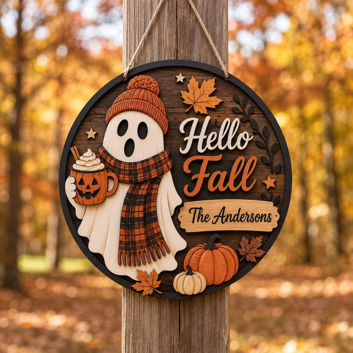 Personalized Hello Fall Ghost Door Hanger Custom Family Name Autumn Pumpkin Sign, Cute Ghost Wooden Front Door Decor, Cozy Fall Porch Hanger