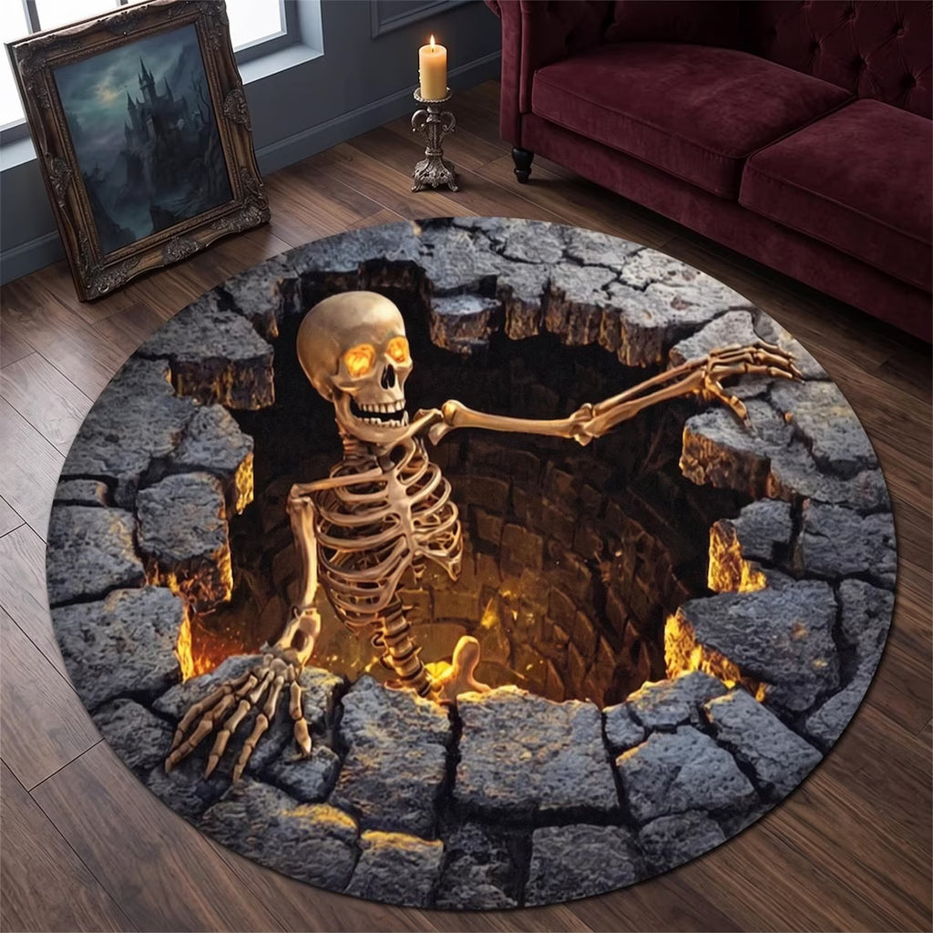 3D Illusion Stone Well Skeleton Round Rug, Halloween Horror Skeleton Carpet, Non Slip Floor Mat, Living Room Bedroom Decor, Spooky Gift