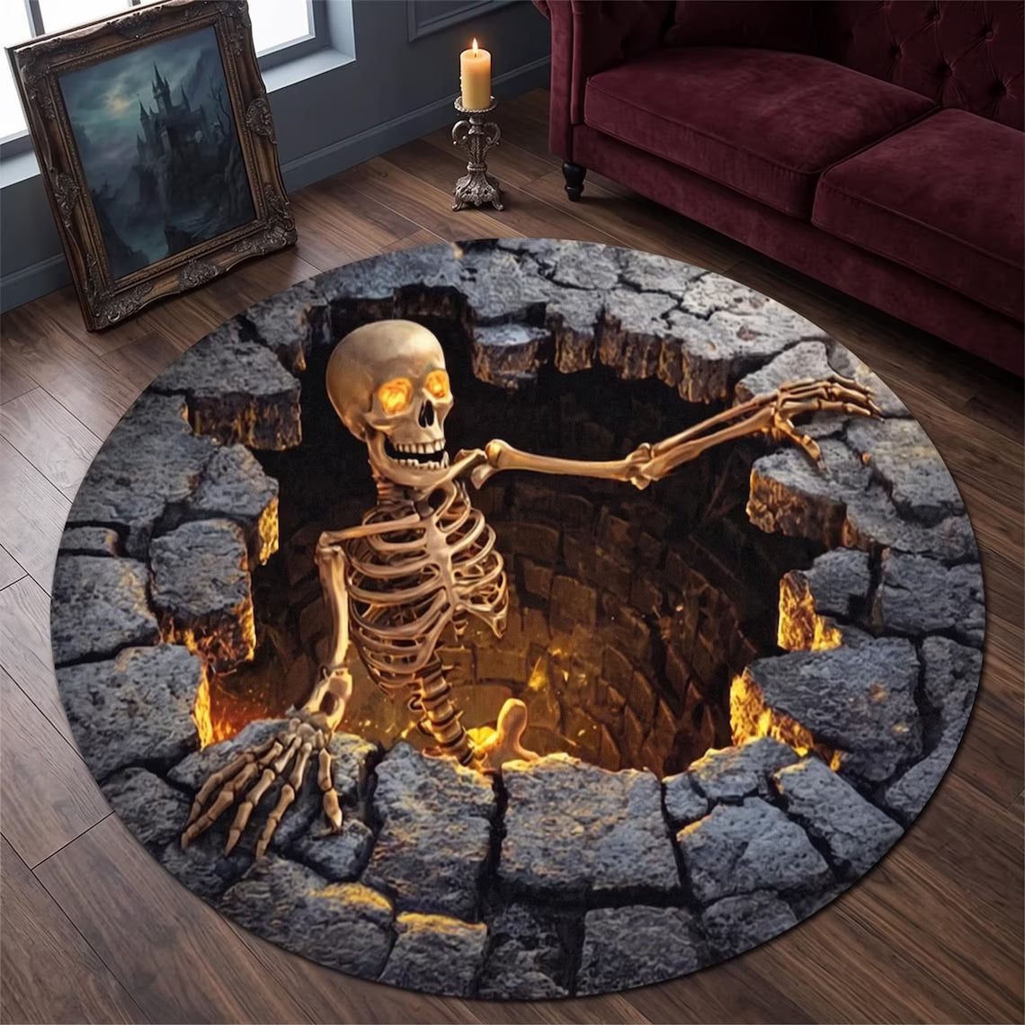 3D Illusion Stone Well Skeleton Round Rug, Halloween Horror Skeleton Carpet, Non Slip Floor Mat, Living Room Bedroom Decor, Spooky Gift