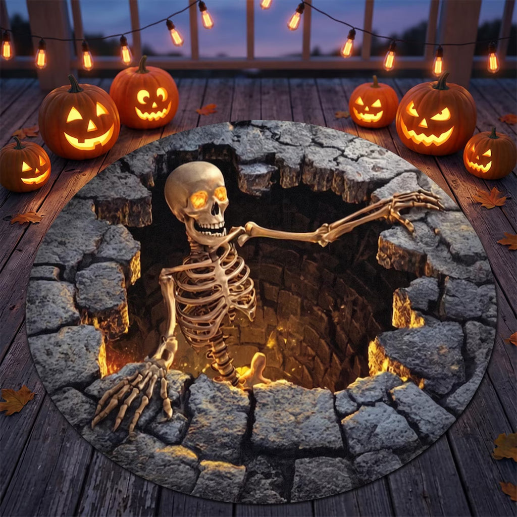 3D Illusion Stone Well Skeleton Round Rug, Halloween Horror Skeleton Carpet, Non Slip Floor Mat, Living Room Bedroom Decor, Spooky Gift