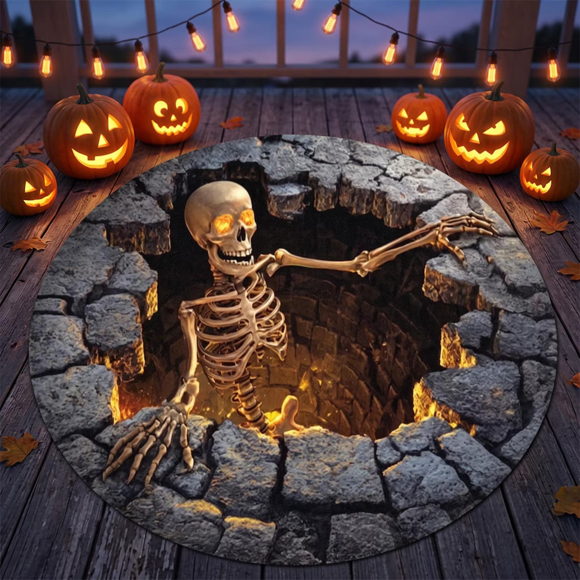 3D Illusion Stone Well Skeleton Round Rug, Halloween Horror Skeleton Carpet, Non Slip Floor Mat, Living Room Bedroom Decor, Spooky Gift