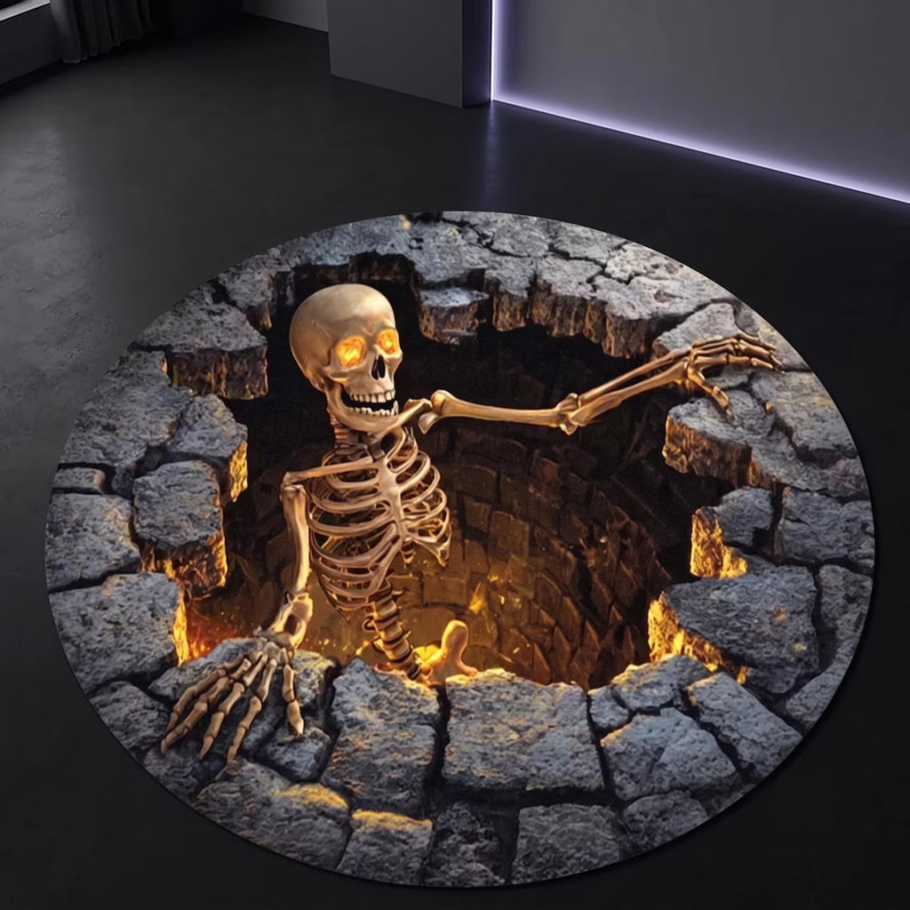 3D Illusion Stone Well Skeleton Round Rug, Halloween Horror Skeleton Carpet, Non Slip Floor Mat, Living Room Bedroom Decor, Spooky Gift