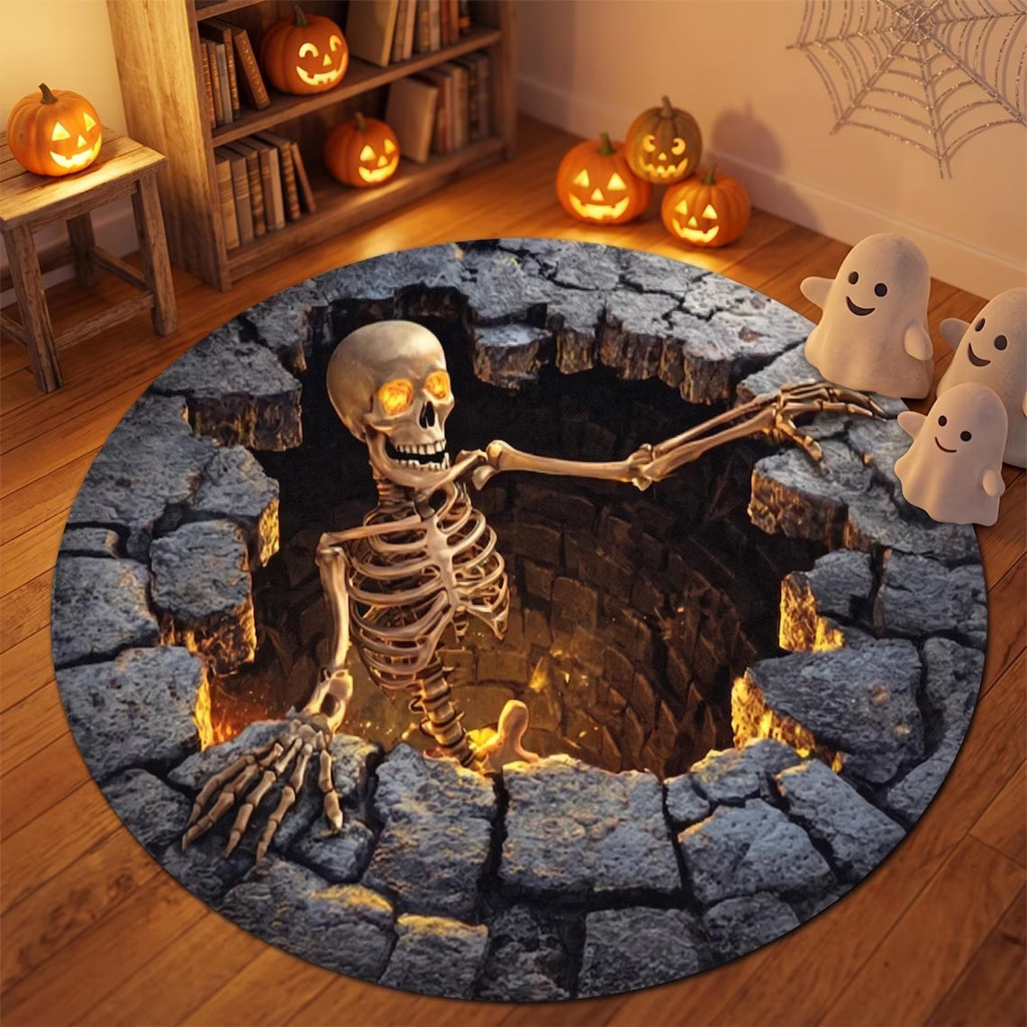 3D Illusion Stone Well Skeleton Round Rug, Halloween Horror Skeleton Carpet, Non Slip Floor Mat, Living Room Bedroom Decor, Spooky Gift