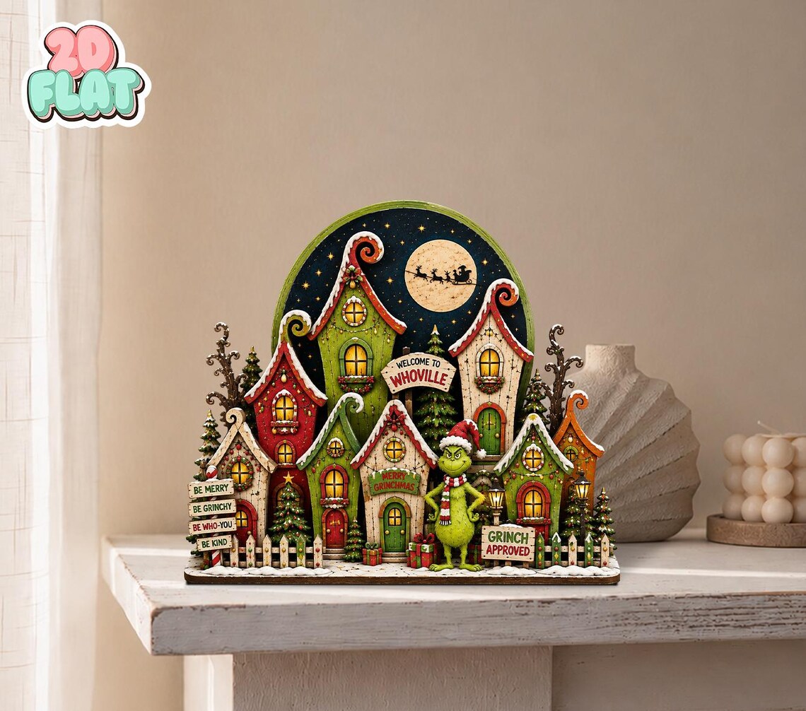 2D Print Grinch Christmas Wooden Block Sign, Whoville Village Shelf Sitter, Grinchmas Decor, Whimsical Christmas Home Decor, Grinch Lover Gift