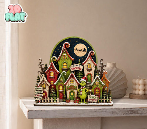 2D Print Grinch Christmas Wooden Block Sign, Whoville Village Shelf Sitter, Grinchmas Decor, Whimsical Christmas Home Decor, Grinch Lover Gift