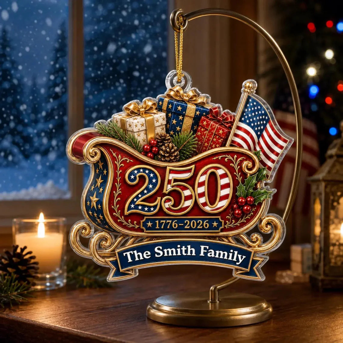 Custom America 250 Sleigh Ornament, Family Name 1776-2026 Patriotic Christmas Tree Decor, USA 250th Anniversary Gift, Family Gift