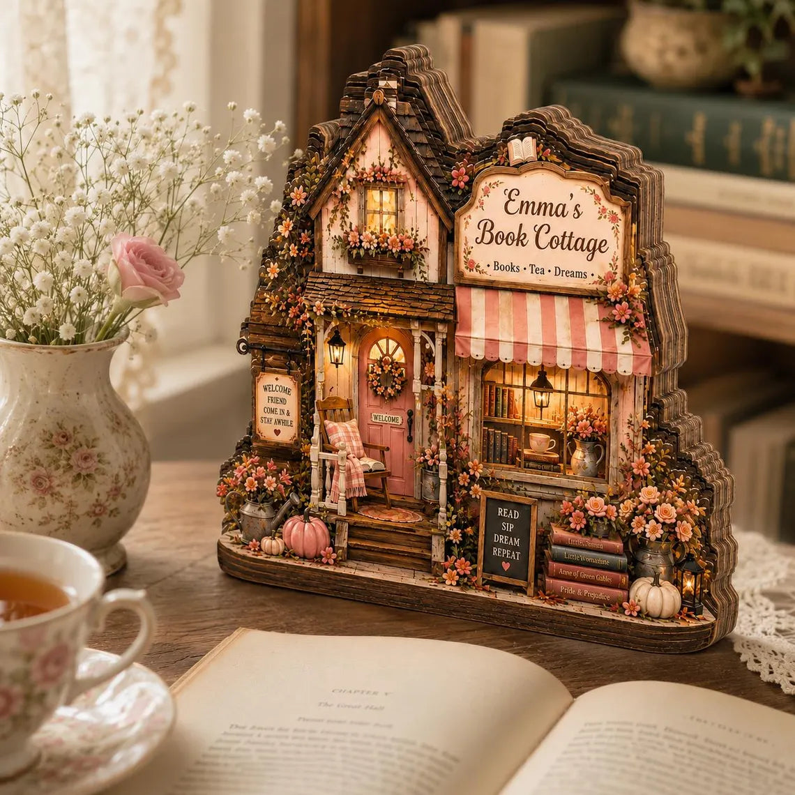 2D Print Custom Book Lover Cottage Shelf Sitter, Personalized 2D Flat Wooden Block, Cozy Reading House Decor, Gift for Reader Teacher