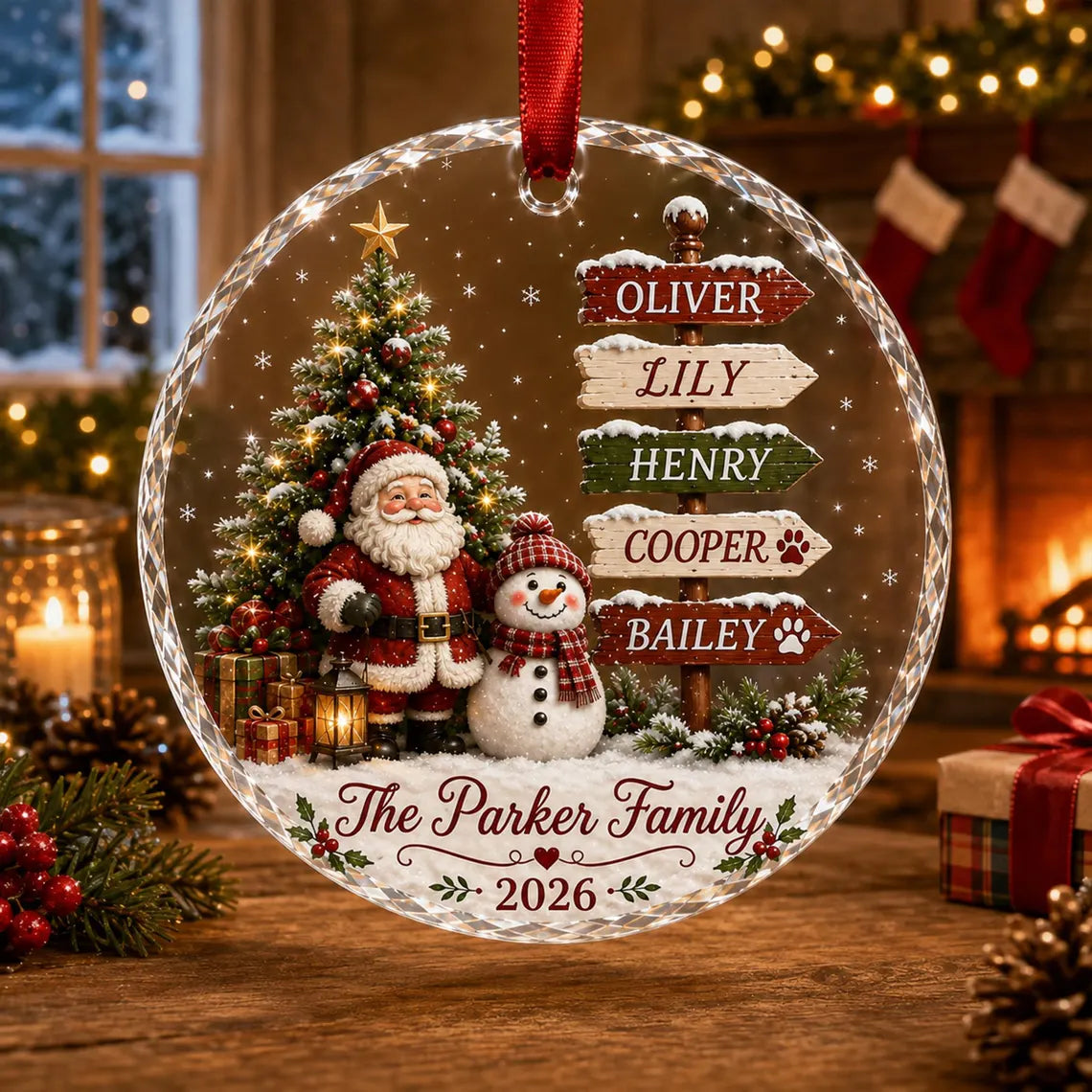 Personalized Family Christmas Ornament 2026, Custom Name Glass Ornament, Santa Snowman Tree Decor, Pet Family Keepsake, Holiday Gift