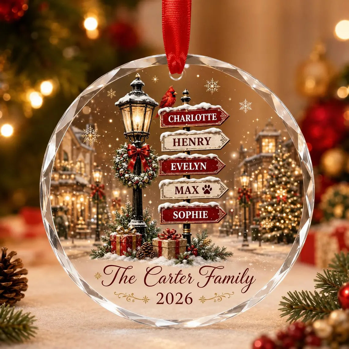 Personalized Family Christmas Ornament, Custom Name Crystal Glass Ornament, Family Christmas Keepsake, Snowy Village Holiday Gift 2026