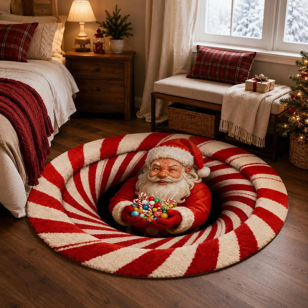 Santa Candy Cane 3D Illusion Rug, Christmas Round Area Carpet, Santa Claus Floor Mat, Peppermint Holiday Decor, Xmas Home Gift