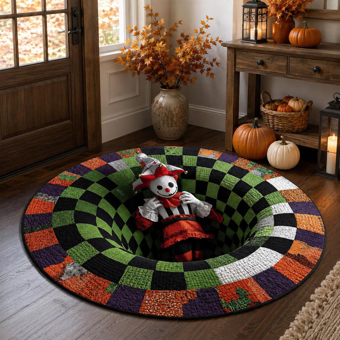 Creepy Jester 3D Illusion Rug, Halloween Clown Round Area Rug, Spooky Checkerboard Floor Mat, Gothic Horror Home Decor, Creepy Gift