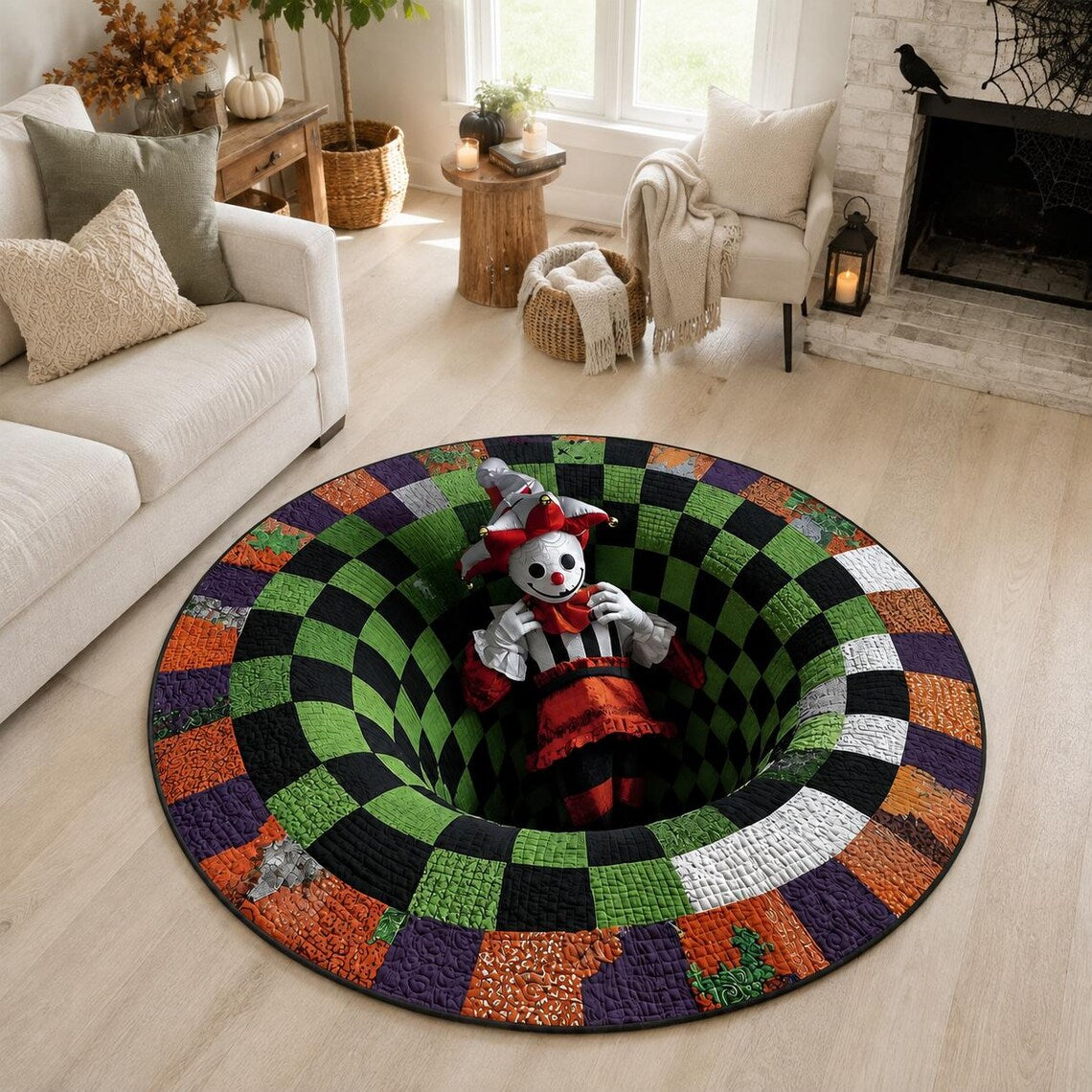 Creepy Jester 3D Illusion Rug, Halloween Clown Round Area Rug, Spooky Checkerboard Floor Mat, Gothic Horror Home Decor, Creepy Gift