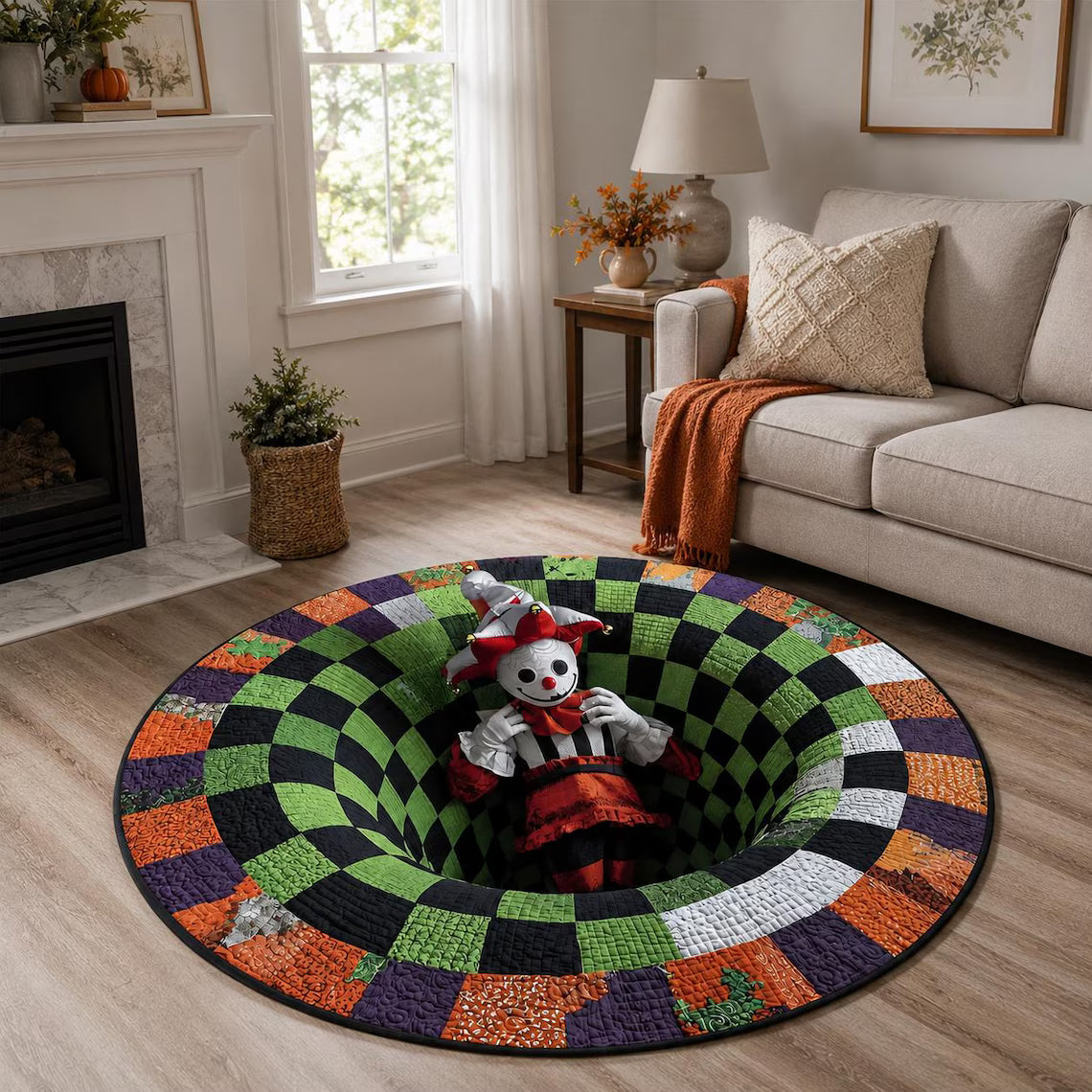 Creepy Jester 3D Illusion Rug, Halloween Clown Round Area Rug, Spooky Checkerboard Floor Mat, Gothic Horror Home Decor, Creepy Gift