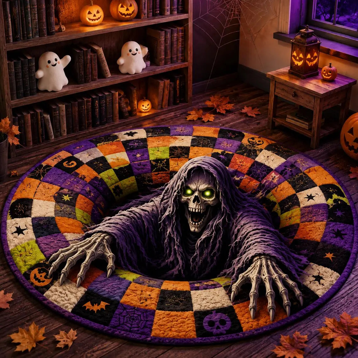 Halloween 3D Illusion Round Rug, Skeleton Vortex Foldable Floor Mat, Spooky Horror Area Rug, Gothic Living Room Decor Gift