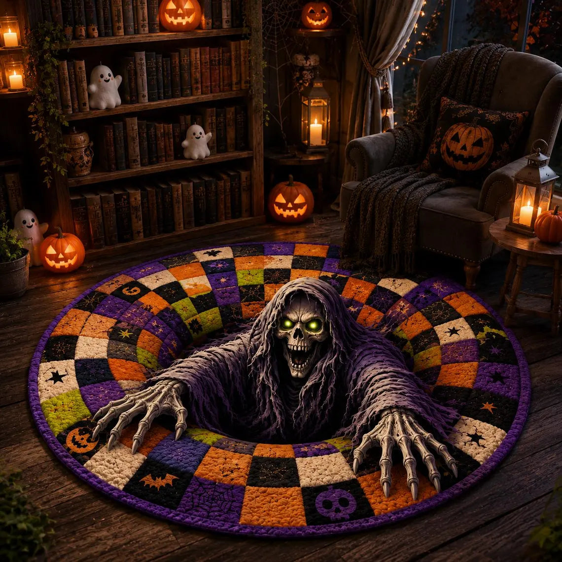 Halloween 3D Illusion Round Rug, Skeleton Vortex Foldable Floor Mat, Spooky Horror Area Rug, Gothic Living Room Decor Gift