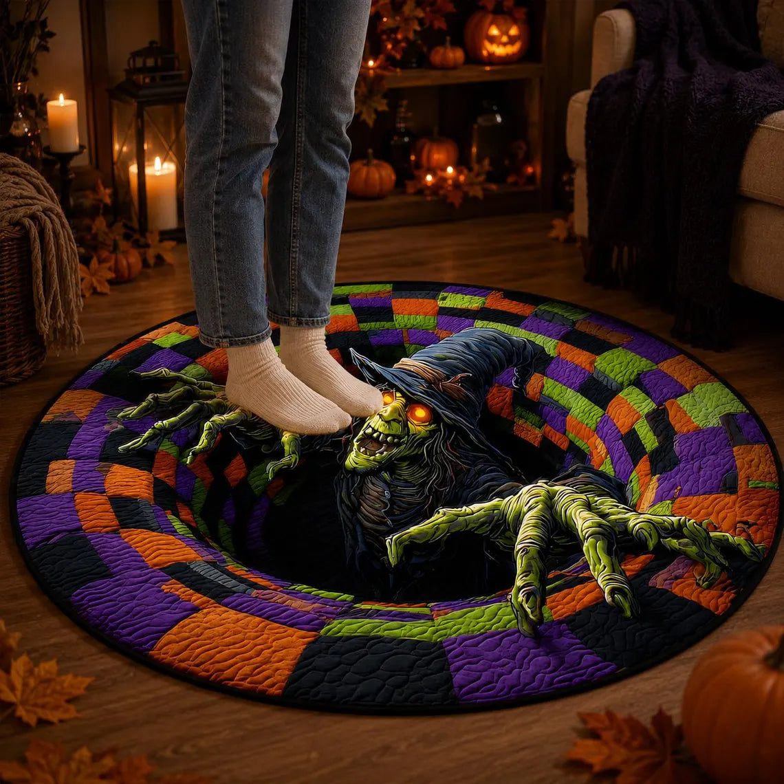 3D Witch Halloween Round Rug, Spooky Haunted House Floor Mat, Creepy Decor