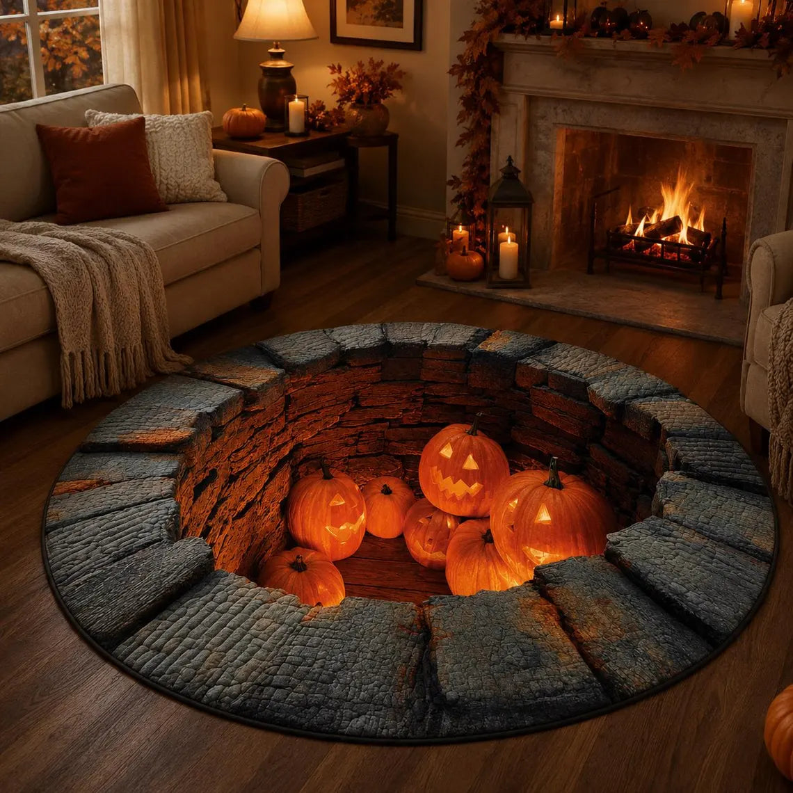 Halloween Pumpkin 3D Illusion Rug, Jack O Lantern Pit Round Rug, Spooky Well Floor Mat, Haunted House Decor