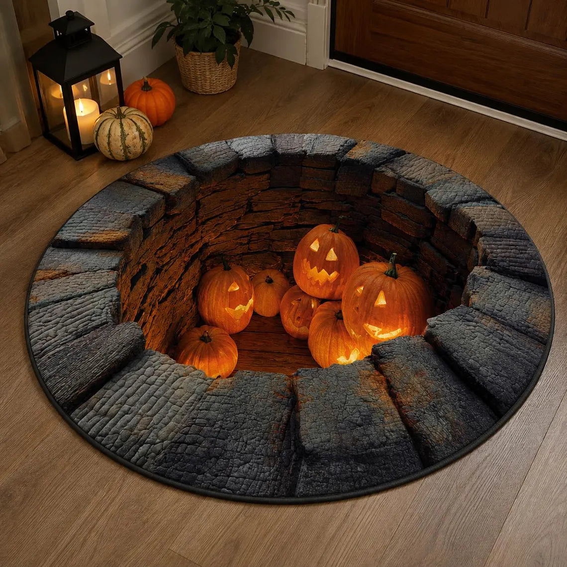 Halloween Pumpkin 3D Illusion Rug, Jack O Lantern Pit Round Rug, Spooky Well Floor Mat, Haunted House Decor