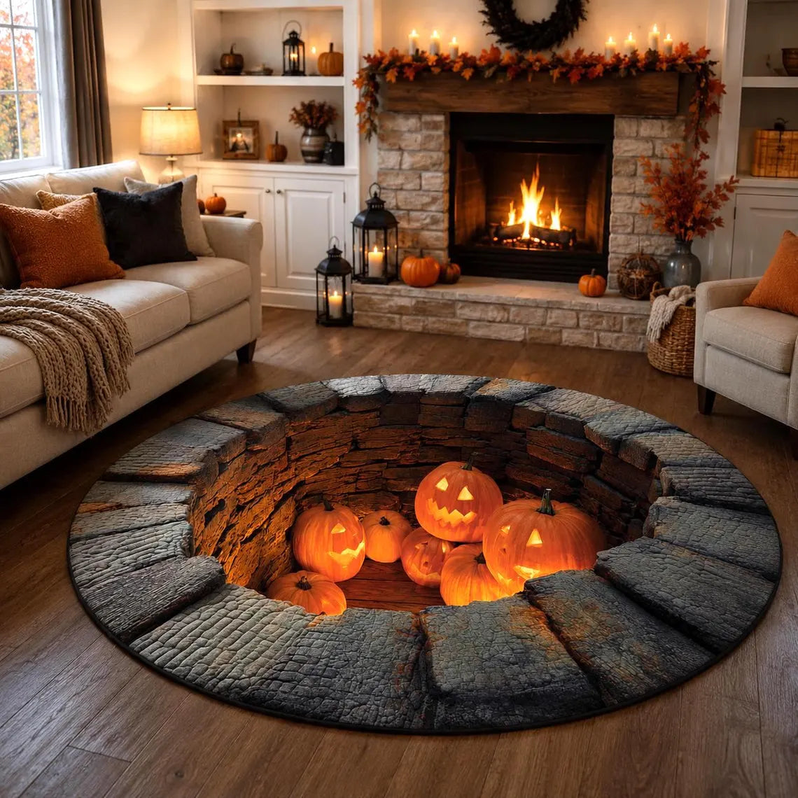 Halloween Pumpkin 3D Illusion Rug, Jack O Lantern Pit Round Rug, Spooky Well Floor Mat, Haunted House Decor
