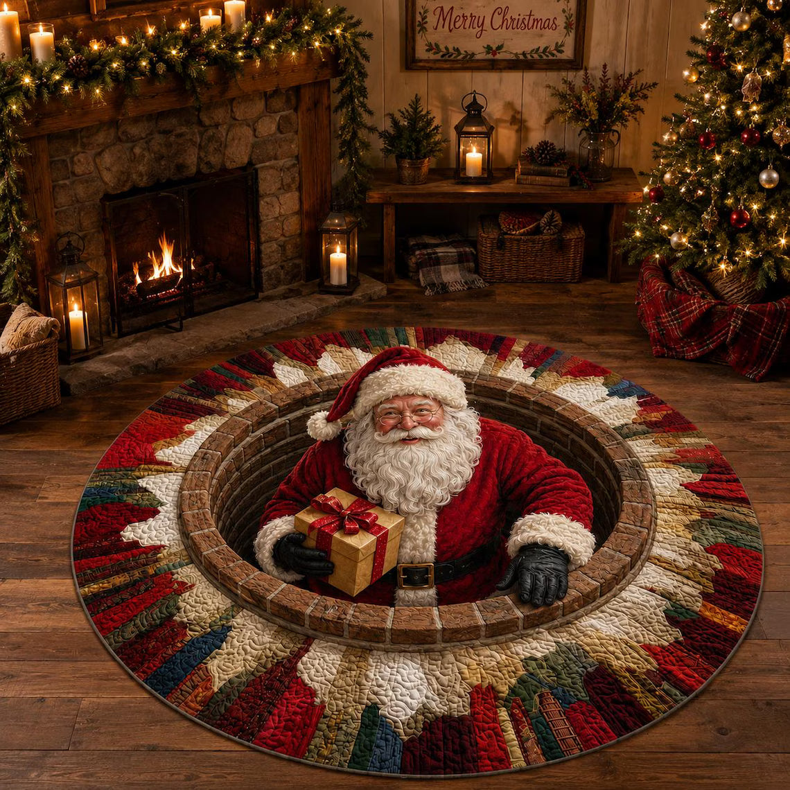 Christmas Santa 3D Round Rug, Christmas Vortex Optical Illusion Floor Mat, Non Slip Xmas Home Decor, Christmas Gift for Family
