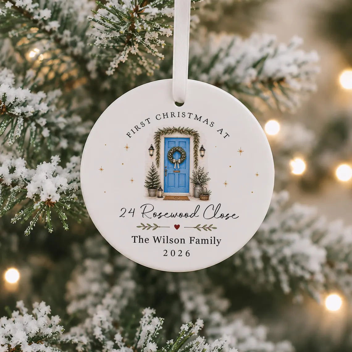 Personalised First Christmas in New Home Decoration, Road Name & Door Colour First Home Family Bauble Ornament Keepsake
