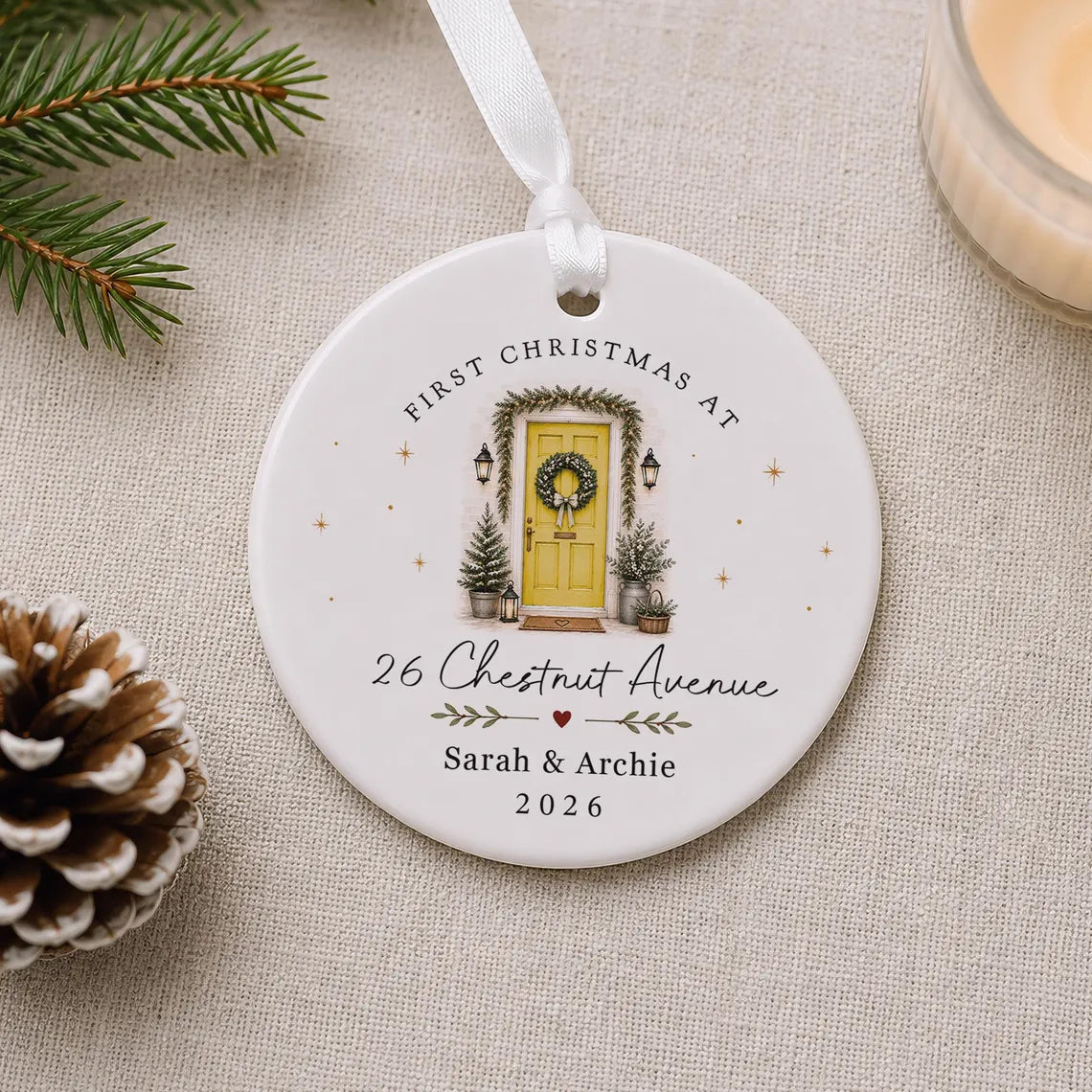 Personalised First Christmas in New Home Decoration, Road Name & Door Colour First Home Family Bauble Ornament Keepsake